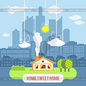 Country house with big industrial city on background - vector image