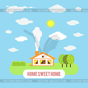 Village cozy cottage with trees on blue sky - vector clipart