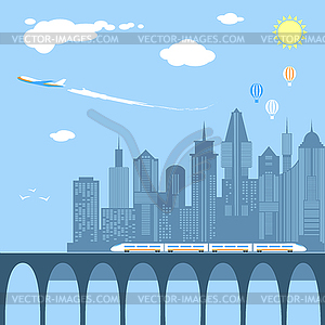 Train running through city. Railway and bridge - vector image