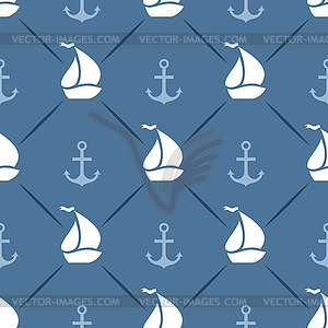 Seamless pattern of anchor, sailboat shape and line - vector clipart