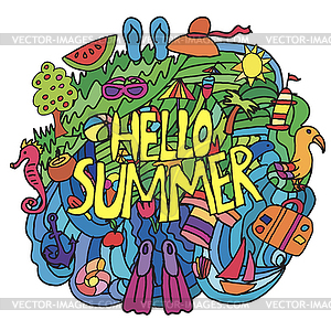 Summer items in cartoon style with hello summer - vector image