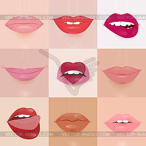 Set of glamour lips with different lipstick colors - vector image