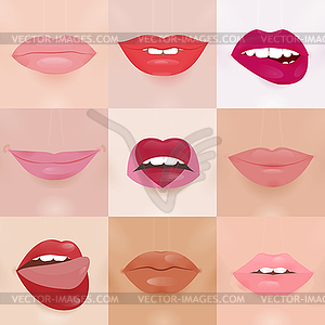 Set of glamour lips with different lipstick colors - stock vector clipart