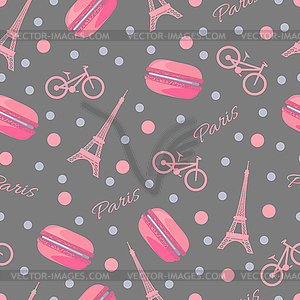 Seamless pattern with tasty macaroons, Eiffel Tower - stock vector clipart