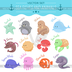 Sea fishes and animals - vector image