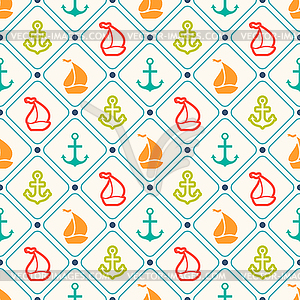 Seamless pattern of anchor, sailboat shape and line - vector clipart