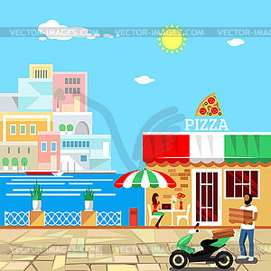 Pizza restaurant building with terrace - vector clipart