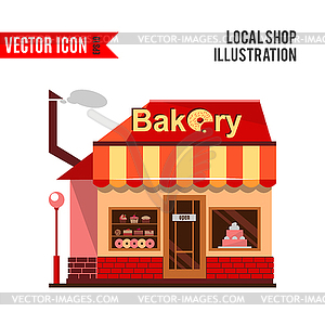 Bakery building with cakes, donuts and pies - royalty-free vector image