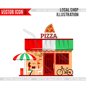 Of pizza restaurant with terrace in front - vector image