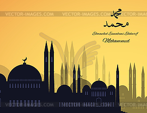 Mosques silhouette on sunset sky background - vector image