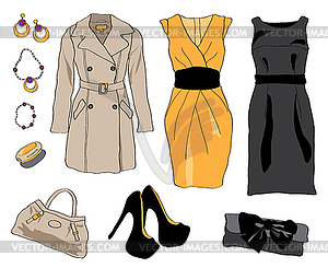 Woman wardrobe clothes accessories set - vector image