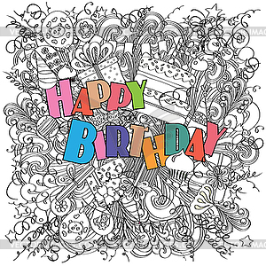 Happy Birthday doodle greeting card with celebratio - vector clip art