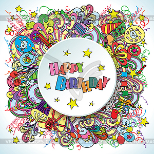 Happy Birthday doodle greeting card on background - vector clip art