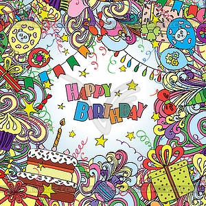 Happy Birthday doodle greeting card on background - royalty-free vector clipart