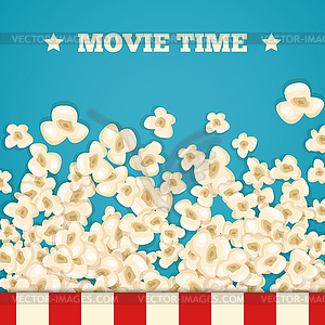 Heap popcorn for movie lies on blue background - vector image