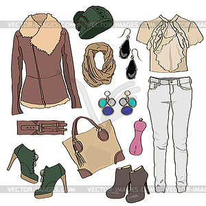 Autumn clothes collection for young women and girl - stock vector clipart