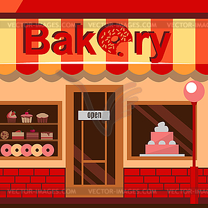Хлебопекарная здание с пирожными, пончики и пирожки - иллюстрация в векторе