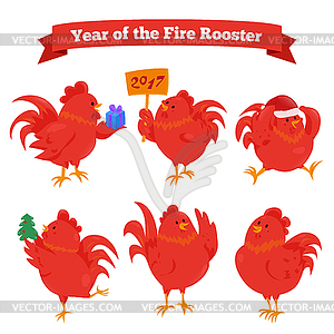 Set of cartoon chinese zodiac fire rooster - vector clipart