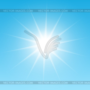 White glowing light burst sun on blue sky background - vector clipart