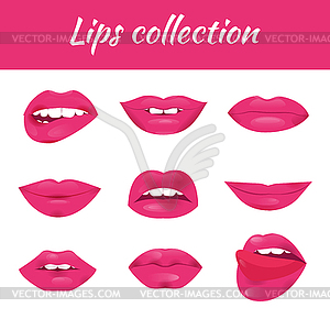 Set of glamour lips with pink lipstick color - color vector clipart