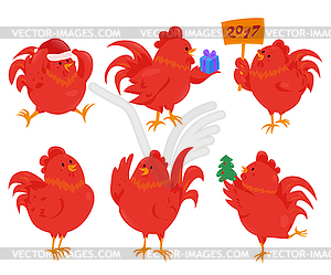 Set of cartoon chinese zodiac fire rooster - vector clipart