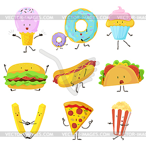 Funny fast food icons set - vector image