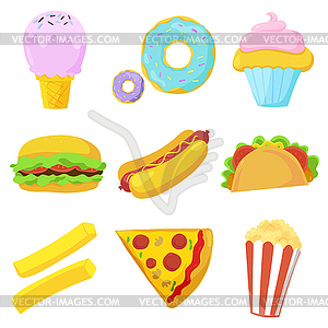 Набор Симпатичные иконки быстрого питания - клипарт в векторном виде