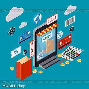 Мобильный магазин, интернет-магазины, удаленная торговая концепция - иллюстрация в векторном формате