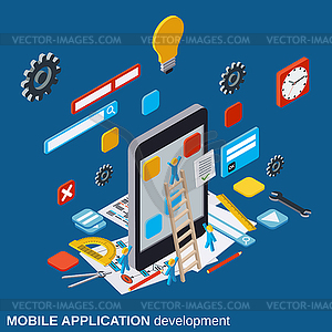 Mobile application development, SEO process - vector clip art