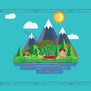 Зеленые холмы рядом с горами и домами плоскими - рисунок в векторе