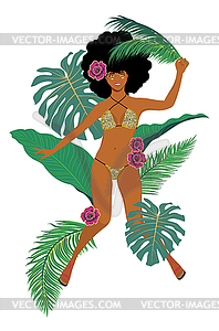 Afro Girl in leopard bikini with tropic plants - vector image