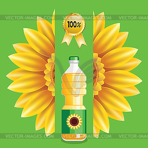 Sunflower oil bottle and flower - vector image