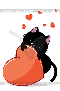 Black cat bite red heart - vector clipart