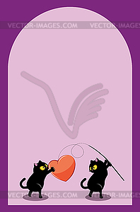 Black cat couple catch heart - vector clip art