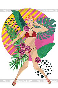 Blond girl in leopard bikini with tropic plants - royalty-free vector clipart