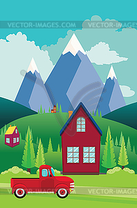 Mountains green hills and red pickup - vector clipart