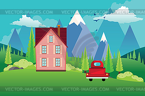 Mountains green hills and red pickup - vector image
