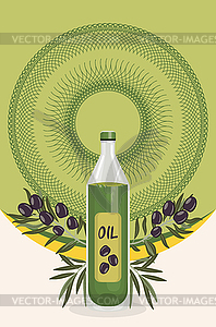 Olive oil bottle and branch - vector clip art