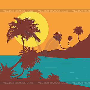 Palm trees on island retro poster - vector image