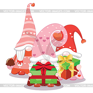 Three valentine gnome girls - vector clip art