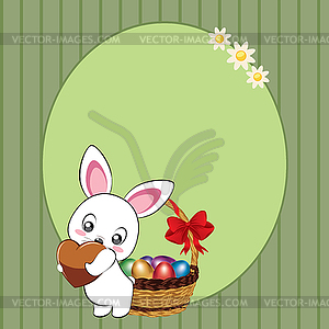 White Bunny with Easter eggs card - vector image