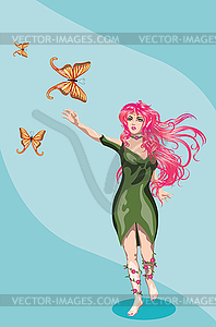 Сказочная девушка с длинными розовыми волосами - изображение в векторном формате