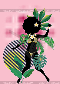 Girl in leopard bikini silhouette with tropic plants - vector clipart