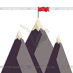 Mountains with red flag - vector image