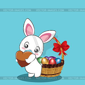 White Bunny in mask with Easter eggs card - vector image