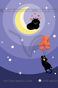 Black cat flying on balloons to cat on moon - vector clip art