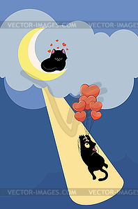 Black cat flying on balloons to cat on moon - vector clipart / vector image