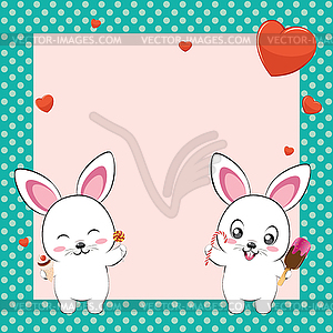 White bunny couple with heart card - vector clipart