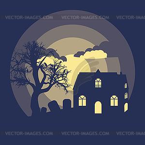 House near spooky tree silhouette - vector clip art