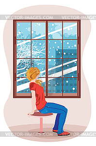 Girl looking to winter city in window - vector EPS clipart